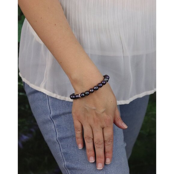 14k White Gold Bead and Freshwater Black Peacock Pearl Strech Bracelet 6 1/2" - Picture 2 of 7